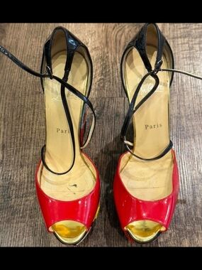 Christian Louboutin Red Patent Peep-Toe Ankle-Strap Heels